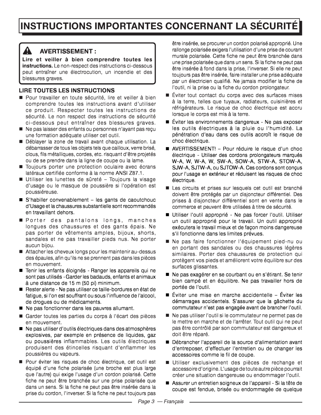 Homelite UT41112 Instructions Importantes Concernant La Sécurité, Avertissement , Lire Toutes Les Instructions 
